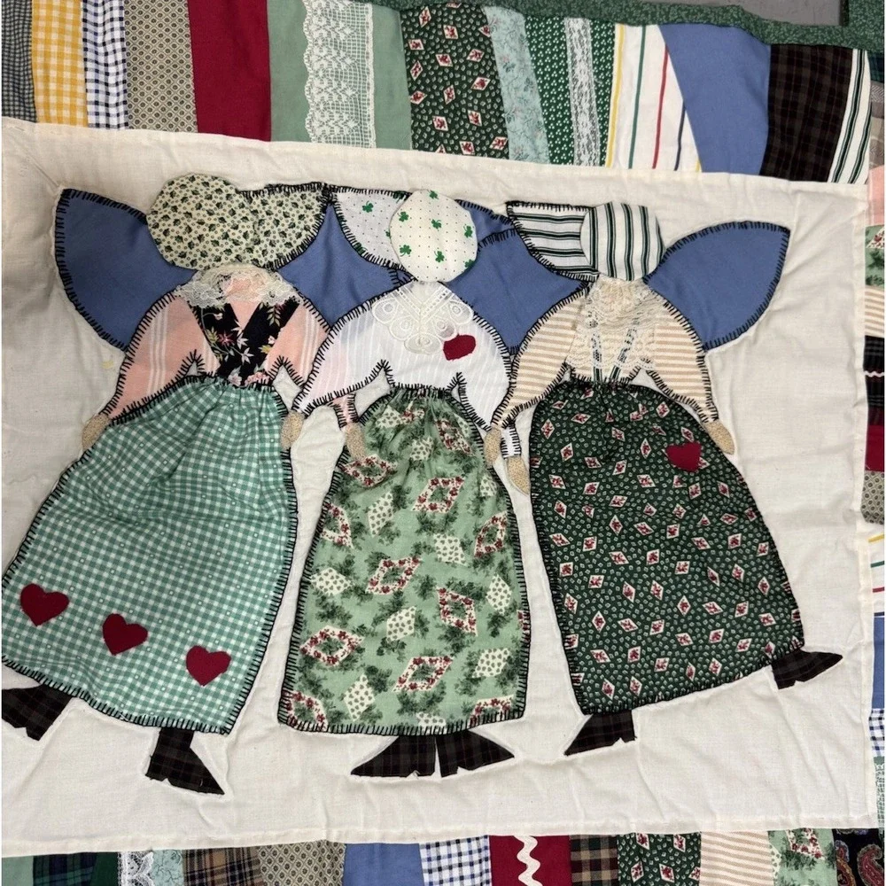 Vintage 98 Handmade Quilted Wall Hanging Irish Angel Sisters Folk Art Patchwork
